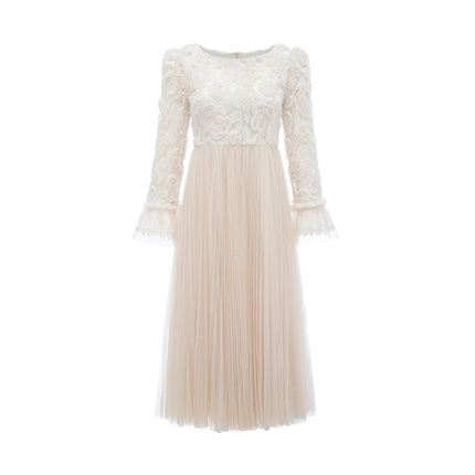 Lorelai White Floral Appliqué Midi Dress with Tulle Panels and Bell Sleeves