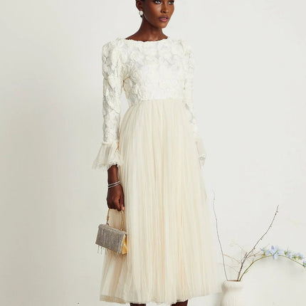 Lorelai White Floral Appliqué Midi Dress with Tulle Panels and Bell Sleeves
