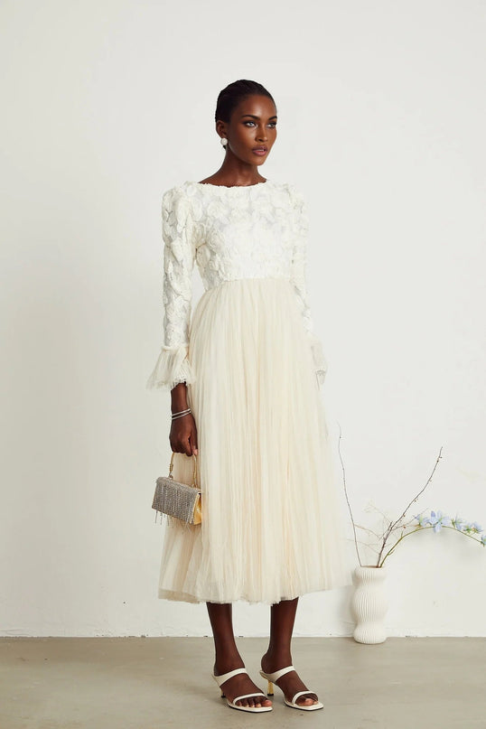 Lorelai White Floral Appliqué Midi Dress with Tulle Panels and Bell Sleeves