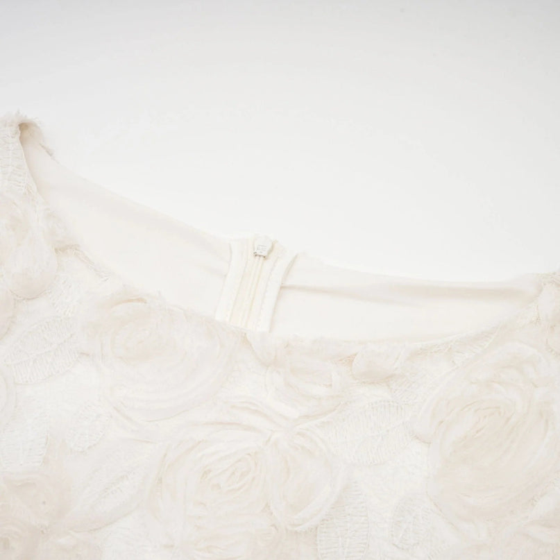 Lorelai White Floral Appliqué Midi Dress with Tulle Panels and Bell Sleeves