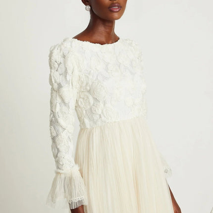 Lorelai White Floral Appliqué Midi Dress with Tulle Panels and Bell Sleeves