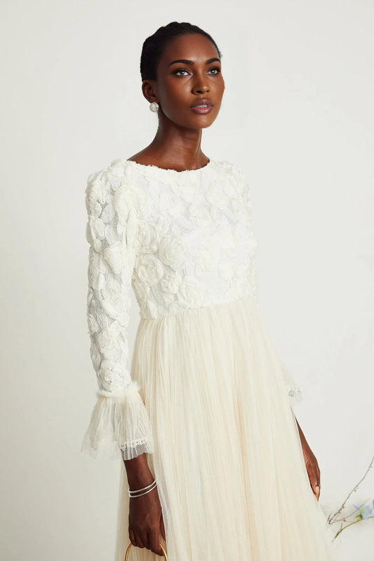 Lorelai White Floral Appliqué Midi Dress with Tulle Panels and Bell Sleeves