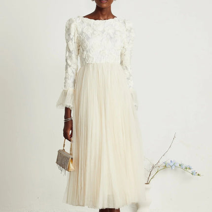 Lorelai White Floral Appliqué Midi Dress with Tulle Panels and Bell Sleeves