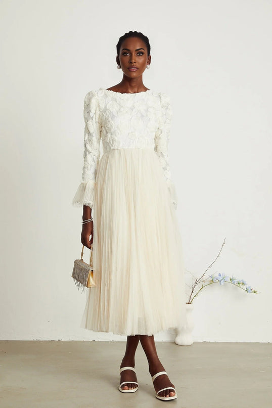 Lorelai White Floral Appliqué Midi Dress with Tulle Panels and Bell Sleeves