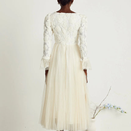 Lorelai White Floral Appliqué Midi Dress with Tulle Panels and Bell Sleeves