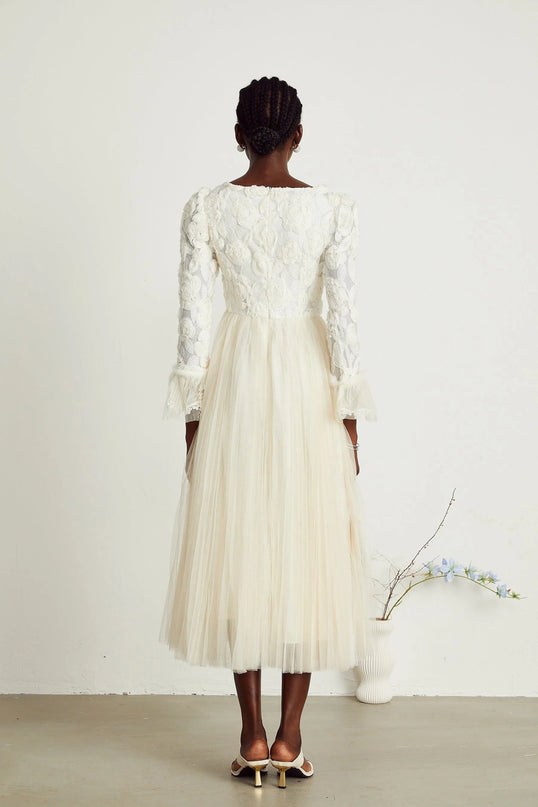 Lorelai White Floral Appliqué Midi Dress with Tulle Panels and Bell Sleeves