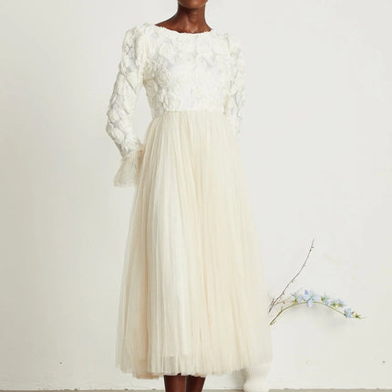 Lorelai White Floral Appliqué Midi Dress with Tulle Panels and Bell Sleeves