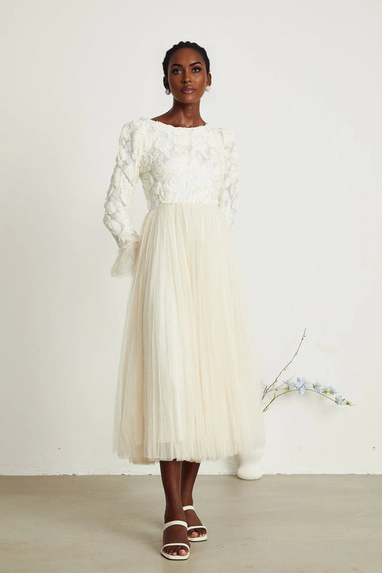 Lorelai White Floral Appliqué Midi Dress with Tulle Panels and Bell Sleeves