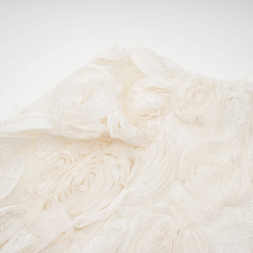 Lorelai White Floral Appliqué Midi Dress with Tulle Panels and Bell Sleeves