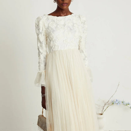 Lorelai White Floral Appliqué Midi Dress with Tulle Panels and Bell Sleeves