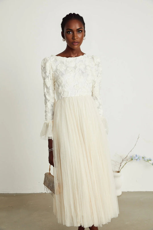 Lorelai White Floral Appliqué Midi Dress with Tulle Panels and Bell Sleeves