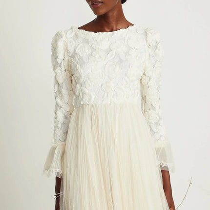 Lorelai White Floral Appliqué Midi Dress with Tulle Panels and Bell Sleeves