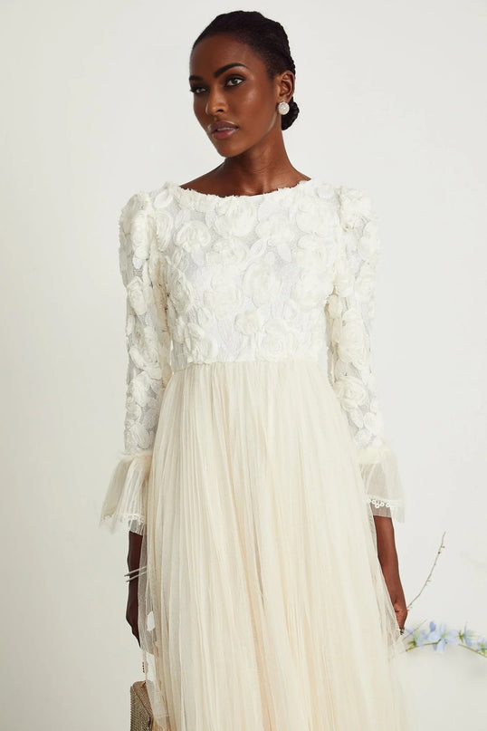 Lorelai White Floral Appliqué Midi Dress with Tulle Panels and Bell Sleeves