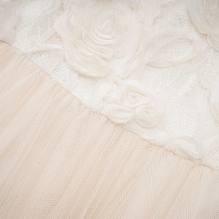 Lorelai White Floral Appliqué Midi Dress with Tulle Panels and Bell Sleeves