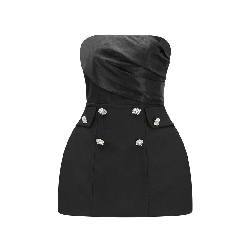 Lorelei Black Mini Dress Polyester Bustier Style Asymmetric Silhouette Luxury Button Accents Flared Hem Elegant Sophistication