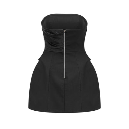 Lorelei Black Mini Dress 100% Polyester Bustier Style Asymmetric Silhouette Front Button Accents Flared Hem Layered Detailing Elegant Sophisticated Luxury Graceful Movement Refine Taste