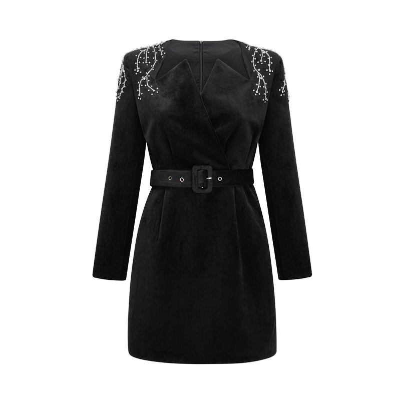 Lorelei Black Velvet Mini Dress V-neck Crystal Embellishment Waist Belt Long Sleeves Fitted Design Rear Zip Fastening Thigh-length 80% Terylene 13% Acrylic fiber 7% Polyamide