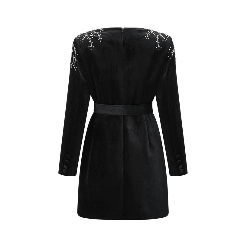 Lorelei Black Velvet Mini Dress with Crystal Embellishment V-neck Long Sleeves Adjustable Waist Belt Rear Zip Fastening Thigh-length 80% Terylene 13% Acrylic fiber 7% Polyamide