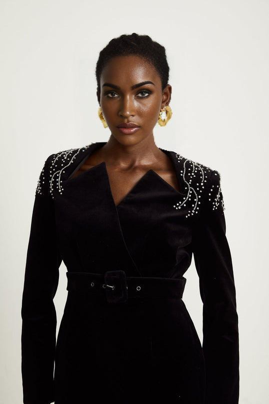 Lorelei Black Velvet Mini Dress V-neck Crystal Embellishment Waist Belt Fitted Rear Zip Thigh-length 80% Terylene 13% Acrylic fiber 7% Polyamide