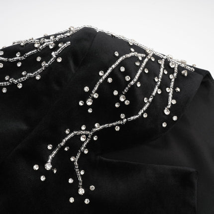 Lorelei Black Velvet Mini Dress V-neck Crystal Embellishment Waist Belt Long Sleeves Rear Zip Fastening Thigh-length 80% Terylene 13% Acrylic fiber 7% Polyamide