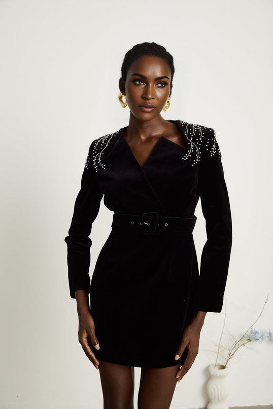 Lorelei Black Velvet Mini Dress with Crystal Embellishment V-neck Long Sleeves Adjustable Waist Belt Rear Zip Fastening Thigh-Length 80% Terylene 13% Acrylic fiber 7% Polyamide