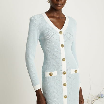 Lorelei Blue and White Mini Dress Check with Gold-Tone Buttons and Long Sleeves