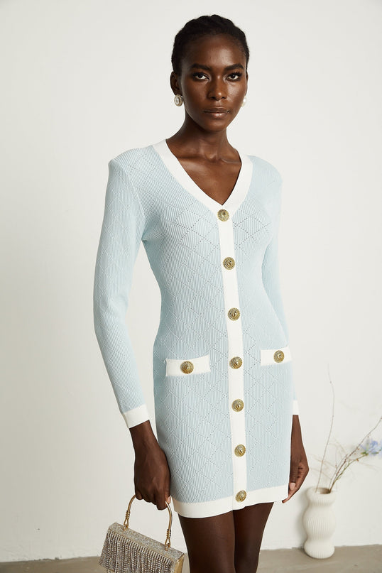 Lorelei Blue and White Mini Dress Check with Gold-Tone Buttons and Long Sleeves