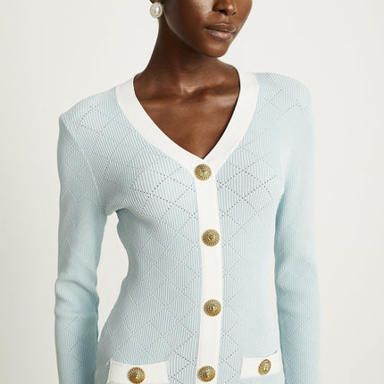Lorelei Blue and White Knitted Mini Dress Check with Gold-tone Buttons and V-neck Design