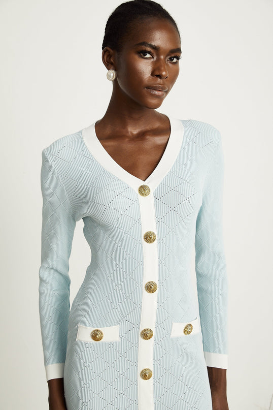 Lorelei Blue and White Knitted Mini Dress Check with Gold-tone Buttons and V-neck Design