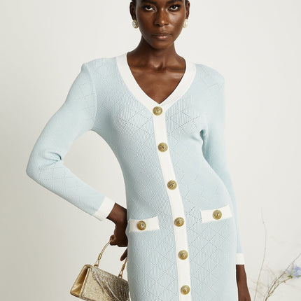 Lorelei Blue and White Mini Dress Check with Gold-Tone Buttons and Long Sleeves