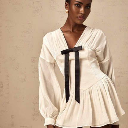 Lorelei White Glitter Bow V-Neck Mini Dress with Puff Sleeves and Pleated Design