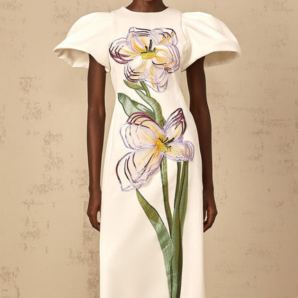 Lorelei White Floral Embroidered Sequin Midi Dress with Puff Sleeves