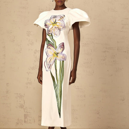 Lorelei White Floral Embroidered Sequin Midi Dress