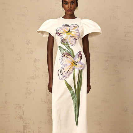Lorelei White Floral Embroidered Sequin Midi Dress with Puff Sleeves
