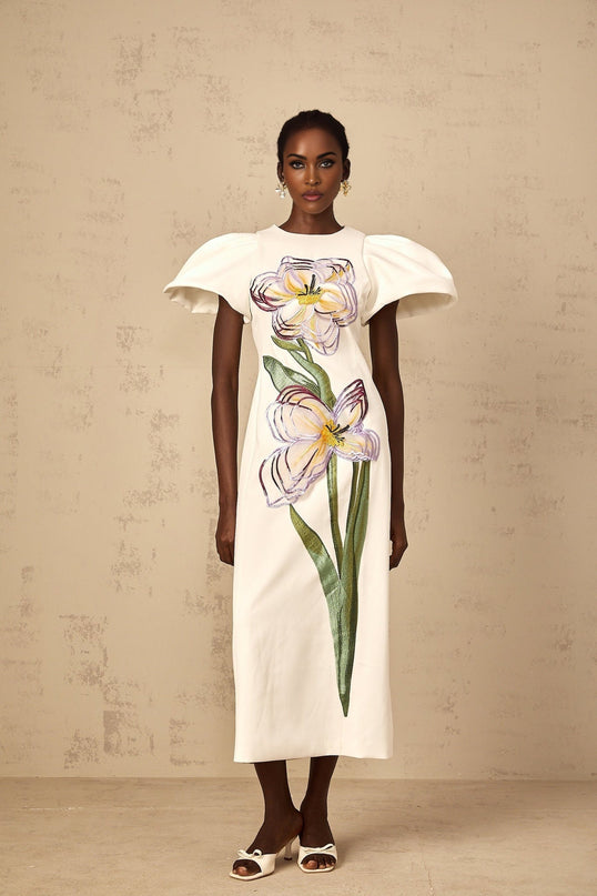 Lorelei White Floral Embroidered Sequin Midi Dress with Puff Sleeves