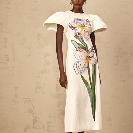 Lorelei White Floral Embroidered Sequin Midi Dress