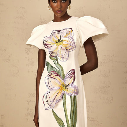 Lorelei White Floral Embroidered Sequin Midi Dress with Puff Sleeves