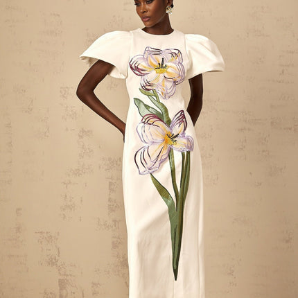 Lorelei White Floral Embroidered Sequin Midi Dress with Puff Sleeves and Cinched Waist