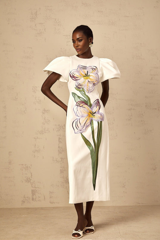 Lorelei White Floral Embroidered Sequin Midi Dress with Puff Sleeves and Cinched Waist