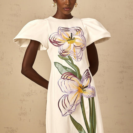 Lorelei White Floral Embroidered Sequin Midi Dress with Puff Sleeves