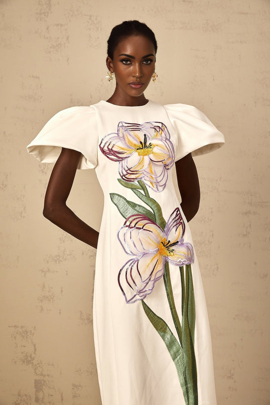 Lorelei White Floral Embroidered Sequin Midi Dress with Puff Sleeves