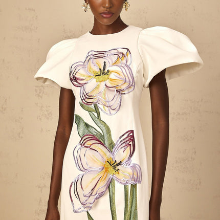 Lorelei White Floral Embroidered Sequin Midi Dress with Puff Sleeves and Cinched Waist