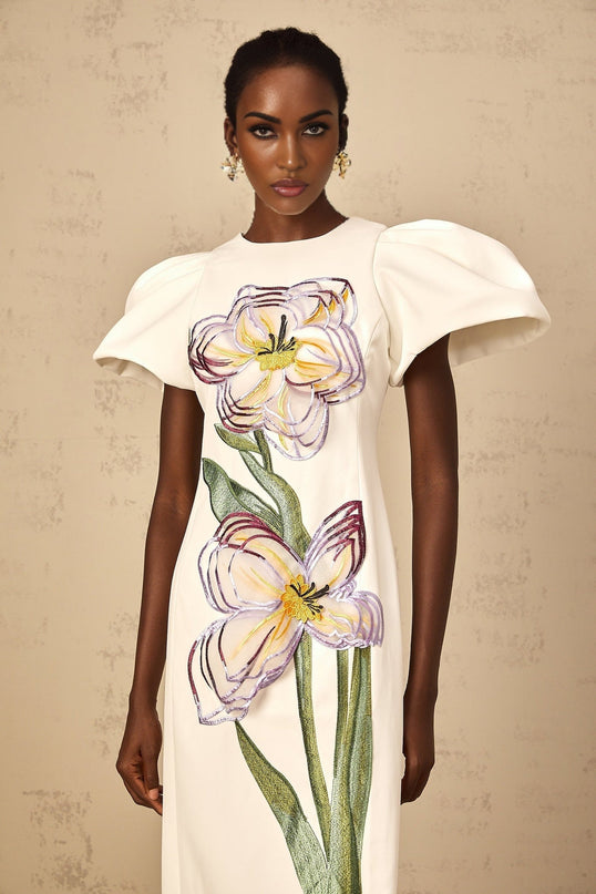 Lorelei White Floral Embroidered Sequin Midi Dress with Puff Sleeves and Cinched Waist