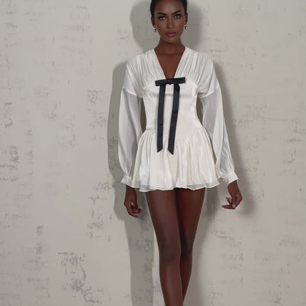 Lorelei White Glitter Bow Detail Mini Dress V-Neck Puff Sleeves Cinched Waist Pleated Design Rear Zip Thigh Length Polyester Viscose