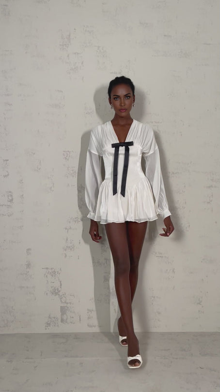 Lorelei White Glitter Bow Detail Mini Dress V-Neck Puff Sleeves Cinched Waist Pleated Design Rear Zip Thigh Length Polyester Viscose
