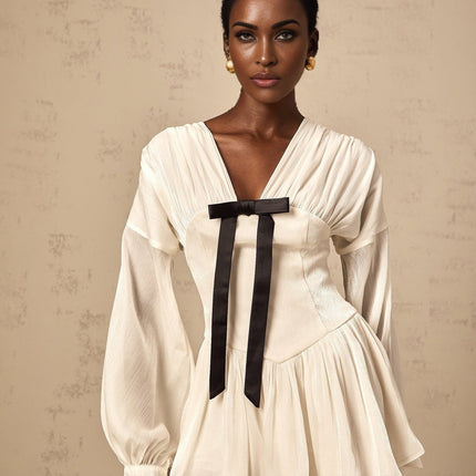 Lorelei White Glitter Bow Mini Dress V-Neck Puff Sleeves Cinched Waist Pleated Design Rear Zip Thigh Length Polyester Viscose