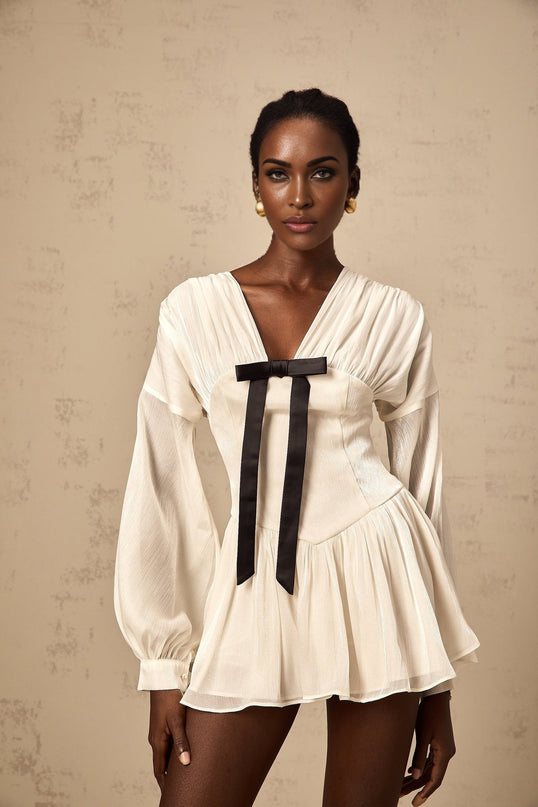 Lorelei White Glitter Bow Mini Dress V-Neck Puff Sleeves Cinched Waist Pleated Design Rear Zip Thigh Length Polyester Viscose