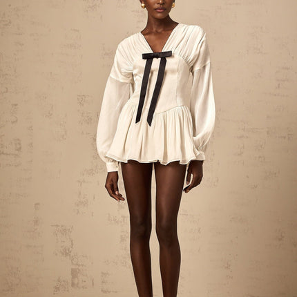 Lorelei White Glitter Bow Mini Dress V-Neck Puff Sleeves Cinched Waist Pleated Design Rear Zip Tie Fastening Thigh Length 52% Polyester 48% Viscose