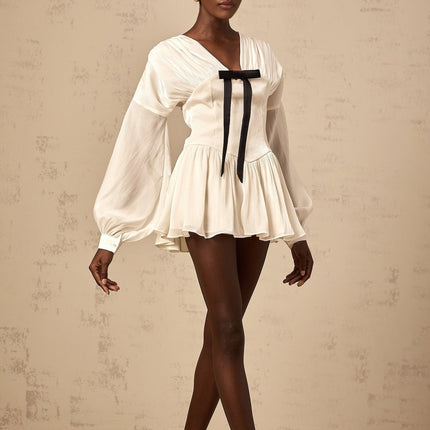 Lorelei White Glitter Bow Mini Dress V-Neck Puff Sleeves Cinched Waist Pleated Design Rear Zip Thigh Length Polyester Viscose