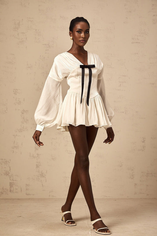 Lorelei White Glitter Bow Mini Dress V-Neck Puff Sleeves Cinched Waist Pleated Design Rear Zip Thigh Length Polyester Viscose
